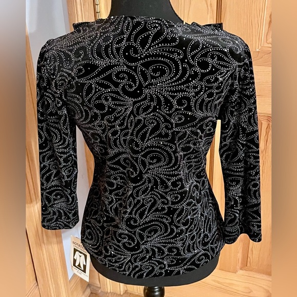Notations NWT Black w Silver Crystal Ruffled Cardigan Over a Velvet Shell SZ PM - Picture 6 of 17